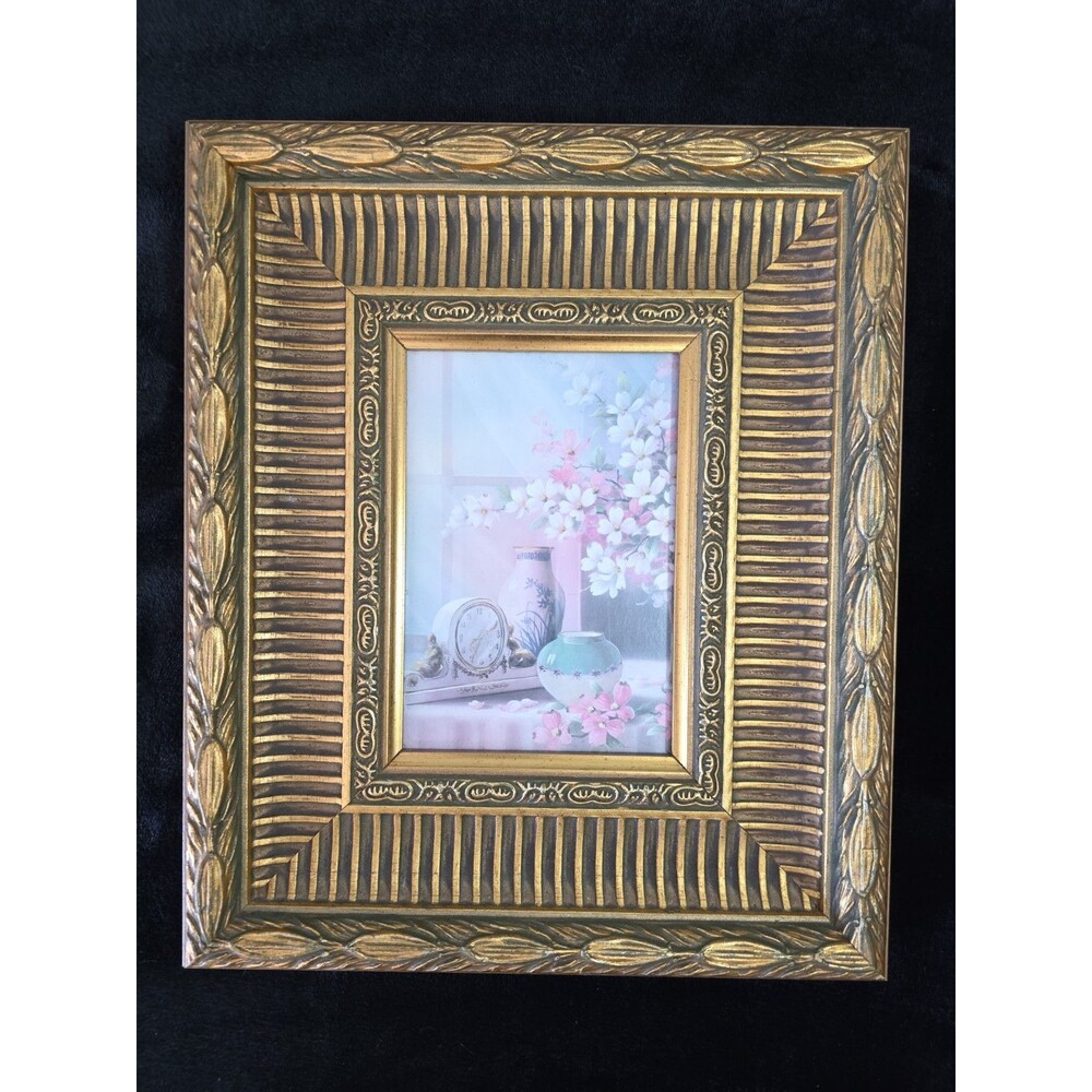 Elegant Mid-Century Gold Gilt Ornate Wooden Picture Frame Vintage Floral Print